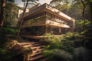 Fototapeta na wymiar inspired new house in the brasilian jungle, brutalist, waterfalls, concrete, late in the day, sunshine through trees, view from parking towards glass patio, wide shot, detailed features. AI generative