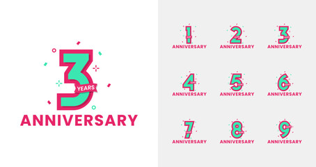 Modern anniversary logo collections. Birthday number for celebration moment with confetti and trendy color