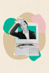 Vertical collage picture of unsatisfied black white gamma girl inside pc monitor headache hold...
