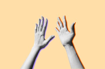 Human hands up contemporary art isolated on beige background for voting, teamwork, idea concept.