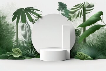Stone product podium with tropical palm leaf on green wall background.