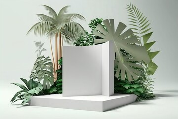 Stone product podium with tropical palm leaf on green wall background.