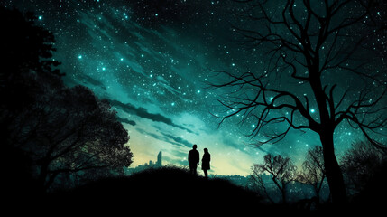 Silhouettes of two stargazing woman saying goodby, surrounded by trees and the contour of london city in the background. AI generative