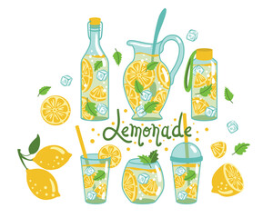 Homemade lemonade. Set of illustration fresh drink with lemon. Vector.