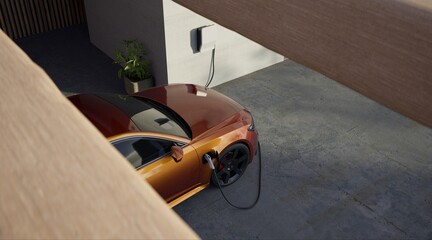 High angle Generic electric vehicle EV hybrid car is being charged from a wallbox on a contemporary...