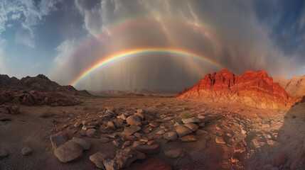 Rainbow sky, red sea of stone. AI generative