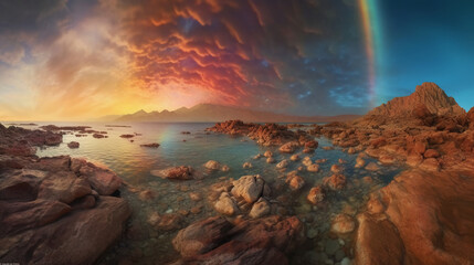 Rainbow sky, red sea of stone. AI generative
