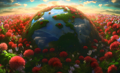Fototapeta na wymiar Planet earth with flowers bed. Concept of earth day, environmental day or national flower day.