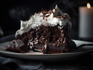 A close-up shot of a slice of chocolate cake, with a dollop of whipped cream and a sprinkle of cocoa powder on top