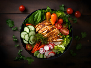 A colorful salad bowl with mixed greens, cherry tomatoes, cucumbers, carrots, and grilled chicken strips