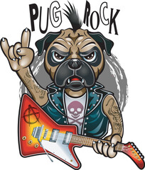 Punk rocker pug dog gestures Rock and Roll sign of the horns and holding electric guitar