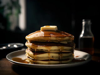 A close-up shot of a stack of fluffy pancakes with butter and maple syrup on top
