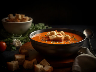 A close-up shot of a bowl of creamy tomato soup with croutons on top