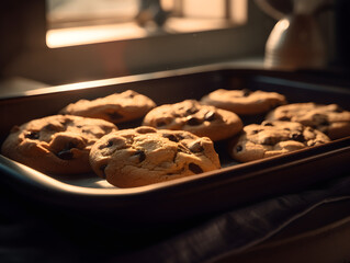 A close-up shot of a tray of freshly baked chocolate chip cookies.