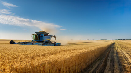 Fototapeta premium A combine harvester working in a wheat field. AI generative.