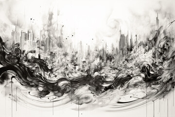 Metropolis, ink painting abstract art, Generative AI © HiroSund