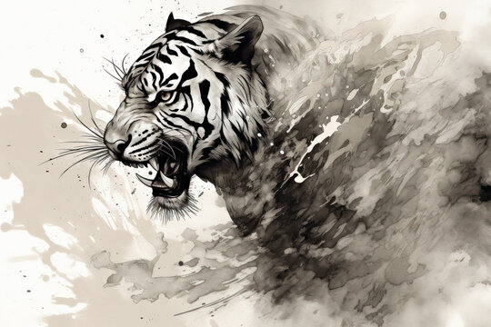 Majestic ink painting tiger, Generative AI