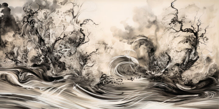 Landscape of tree and wave,  ink painting abstract art, Generative AI