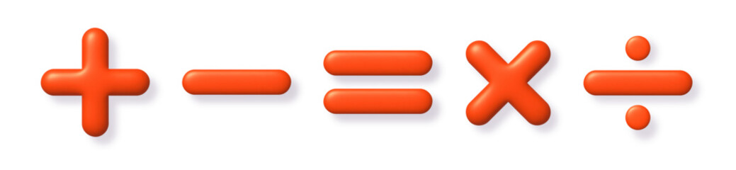 Fototapeta premium Math 3D icon set. Orange arithmetic plus, minus, equals, multiply and divide signs on white background with shadow. Vector illustration.