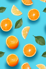 flat lay pattern with summer citrus fruit on blue background. generative ai.