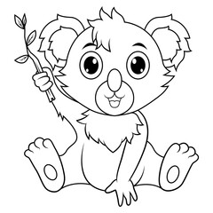 Koala sitting on the floor and holding a leaf