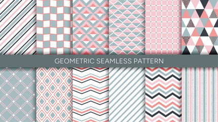 Seamless geometric pattern set with square, dot, triangle, line in Scandinavian style.