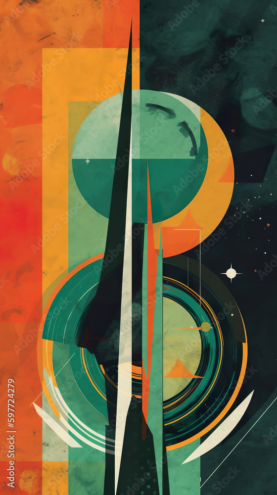 Poster a painting of a space station with a clock. ai generative.