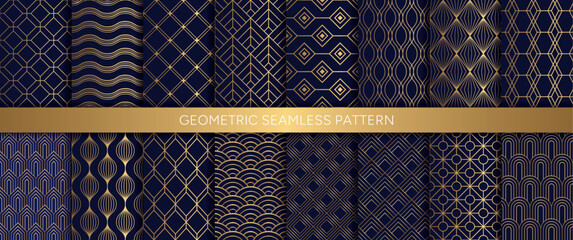 Luxury art deco, geometric ornamental seamless patterns, gold oriental grid with blue background. Vinatge design for print vector.
