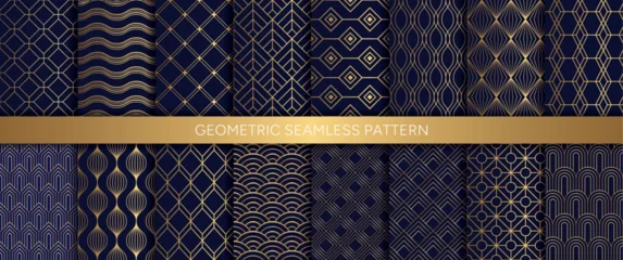 Poster Luxury art deco, geometric ornamental seamless patterns, gold oriental grid with blue background. Vinatge design for print vector. © i_fleurs