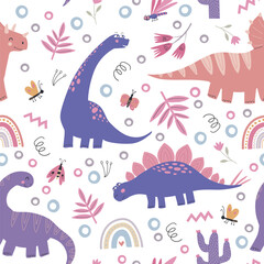 Kids seamless pattern of cute dinosaurs with tropical leaves and rainbow. Vector illustration. Background for fabric, textile