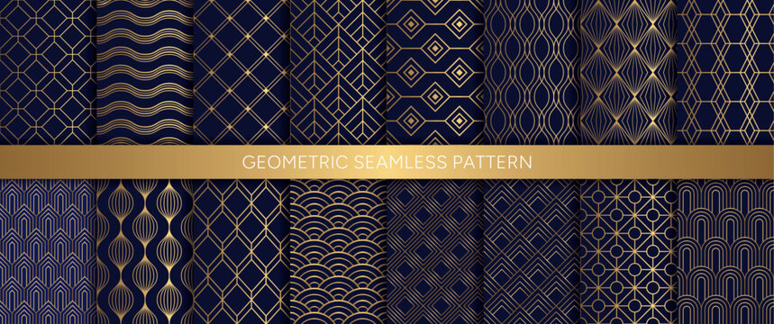 Luxury art deco, geometric ornamental seamless patterns, gold oriental grid with blue background. Vinatge design for print vector.