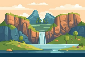 Obraz na płótnie Canvas scenic landscape featuring a majestic waterfall and towering mountains. Generative AI