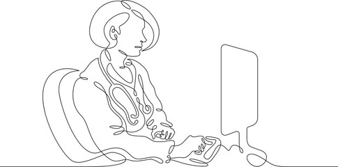 One continuous line. Female doctor. Online therapist. Telemedicine. Remote diagnosis of a patient. Remote monitoring by a doctor. Doctor with computer, laptop.