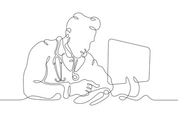 One continuous line. Male doctor. Online therapist. Telemedicine. Remote diagnosis of a patient. Remote monitoring by a doctor. Doctor with computer, laptop.