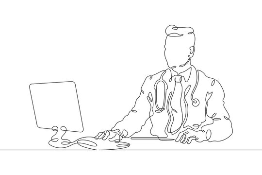 doctor working on computer, line art clip art preview