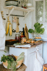 veranda of country village house with vegetables and chanterelle mushrooms on wooden table, eco-friendly food from garden, autumn harvesting