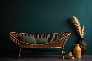 Obraz premium cozy wicker couch with decorative vases placed against a lush green wall. Generative AI