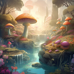 Fototapeta na wymiar Fantasy garden filled with giant mushrooms, colorful flowers, and a flowing stream, with soft lighting and pastel colors. generative ai