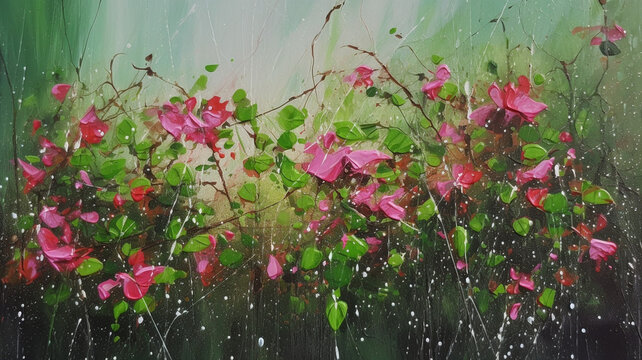 a spring rain, with the raindrops falling on the bright pink flowers and lush green grass. arcylic paint. generative ai.