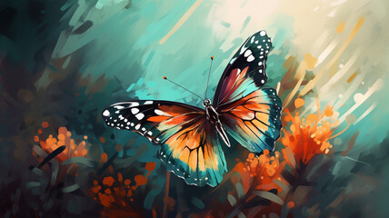 Fototapeta na wymiar a colorful butterfly in flight, with a blurred background of flowers and leaves. generative ai.