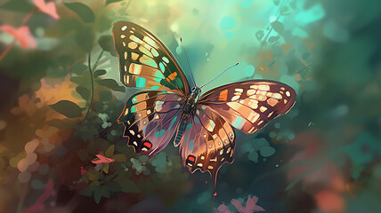 a colorful butterfly in flight, with a blurred background of flowers and leaves. generative ai.
