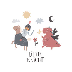 Little knight. cartoon knight, dragon, drawing lettering, decor elements. colorful vector illustration, flat style. design for cards, t-shirt print, poster