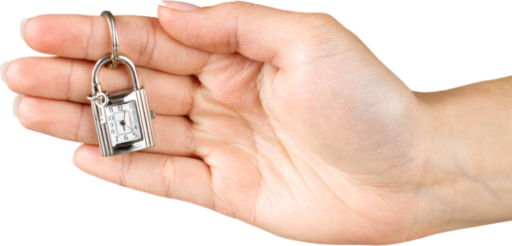 Hand Holding Keychain Lock With Clock And Key - Isolated