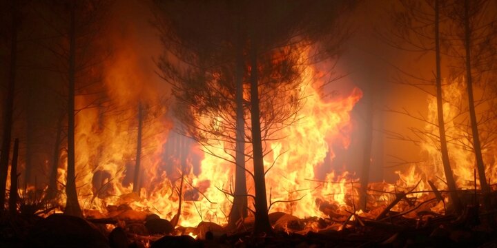 Forest fire with burning trees, flames, blaze, smoke and out of focus burnt tree silhouettes in the background. Generative Ai.