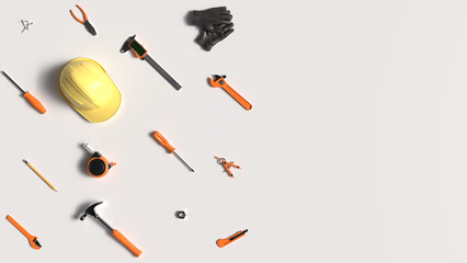 Labours Day Concept. Mechanical Tools on Top View on White Background