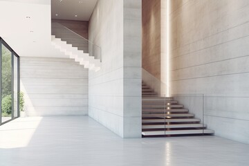 modern white room with a sleek staircase and a large window. Generative AI