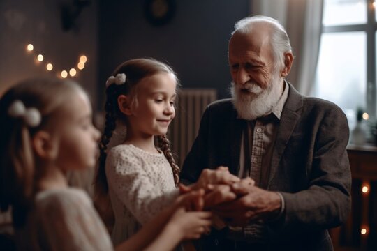 Loving caring elegant grandfather looking at his cute little granddaughter. Adorable child girl and positive grandpa. Hollding hands. Family concept. Generative Ai.
