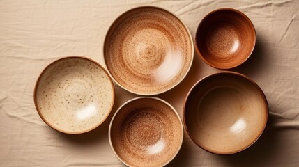 Different size plate on beige background. Flat lay, top view. Brown and natural color plates. Textured grainy pattern on the plates. Generative Ai.
