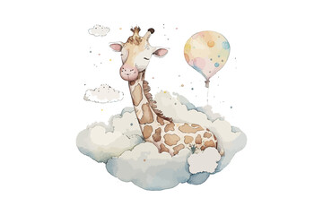 Fototapety  Safari Animal set giraffe sleeps on a cloud, crescent moon in watercolor style. Isolated. Generative AI