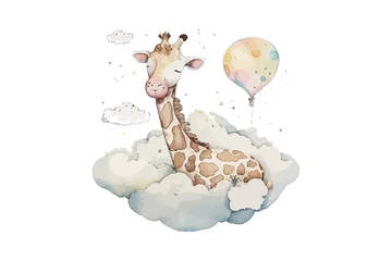 Fotobehang Boho dieren Safari Animal set giraffe sleeps on a cloud, crescent moon in watercolor style. Isolated. Generative AI